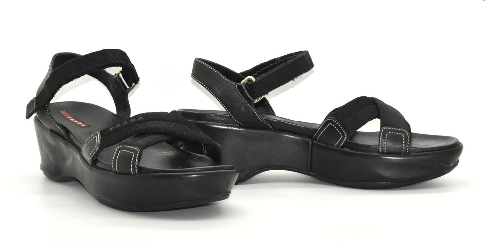 C4 Auth PRADA Sport Y2K Black Leather Nylon Strap Platform Wedge Sandals Size 40